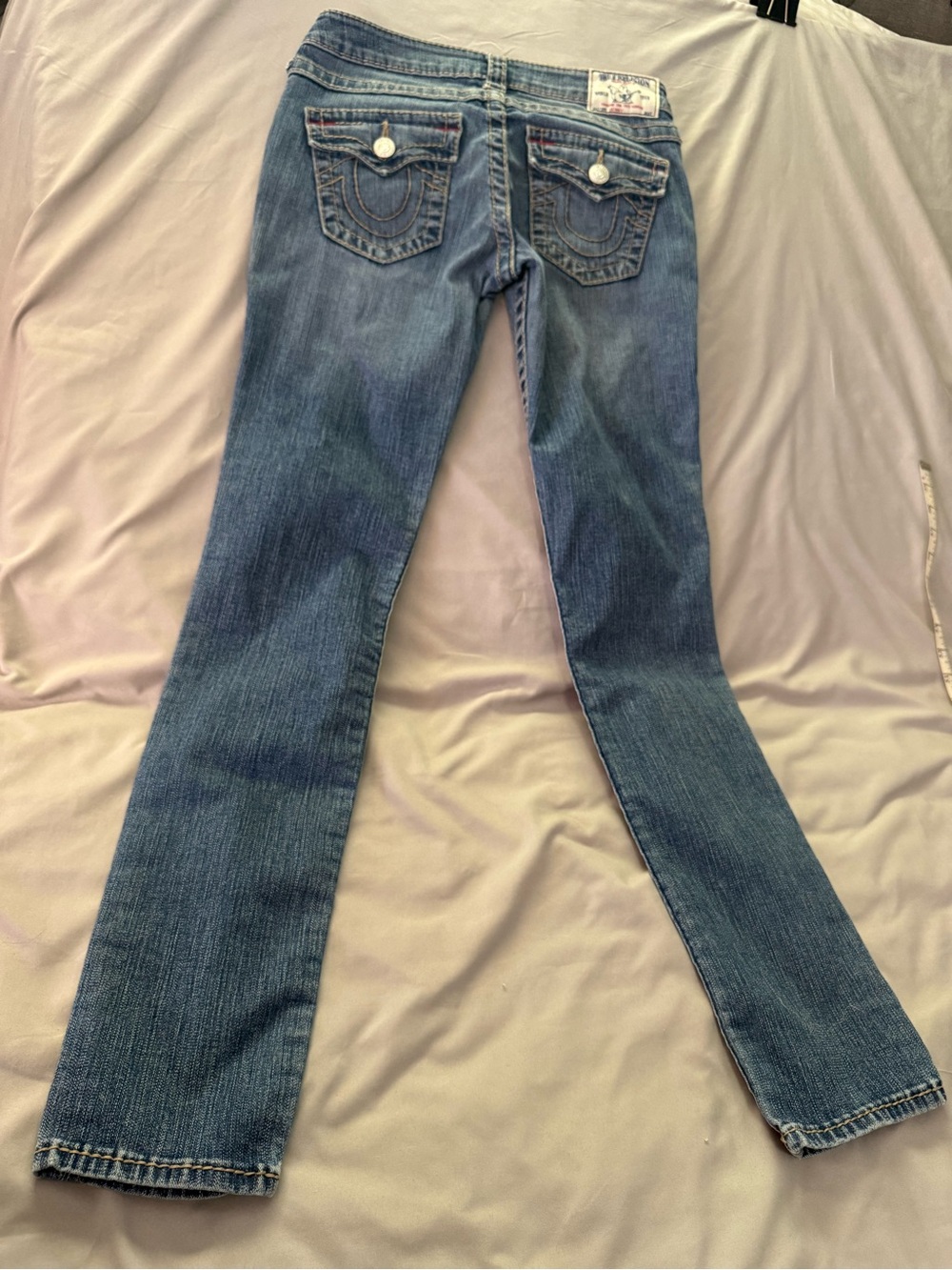 True Religion Women's Light Blue Flare Jeans with Signature Pockets